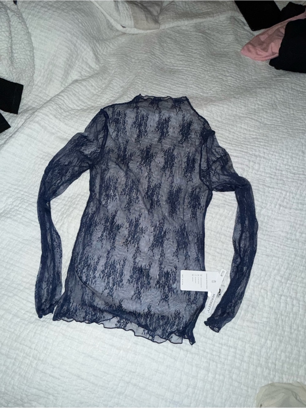 Anthropologie Sheer Navy Lace Long Sleeve Top - Picture 2 of 4